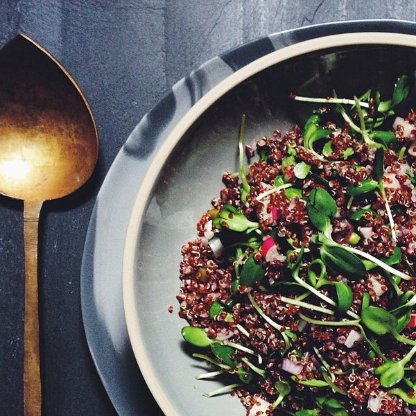 Red Quinoa, Radishes, Sunflower Microgreens & Pickled Garlic Scape Salad urban minimalist