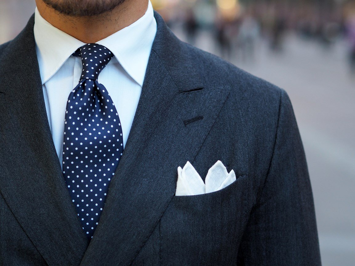 Blue pin dot tie with a gray suit - DressLikeA.com – Dress Like A