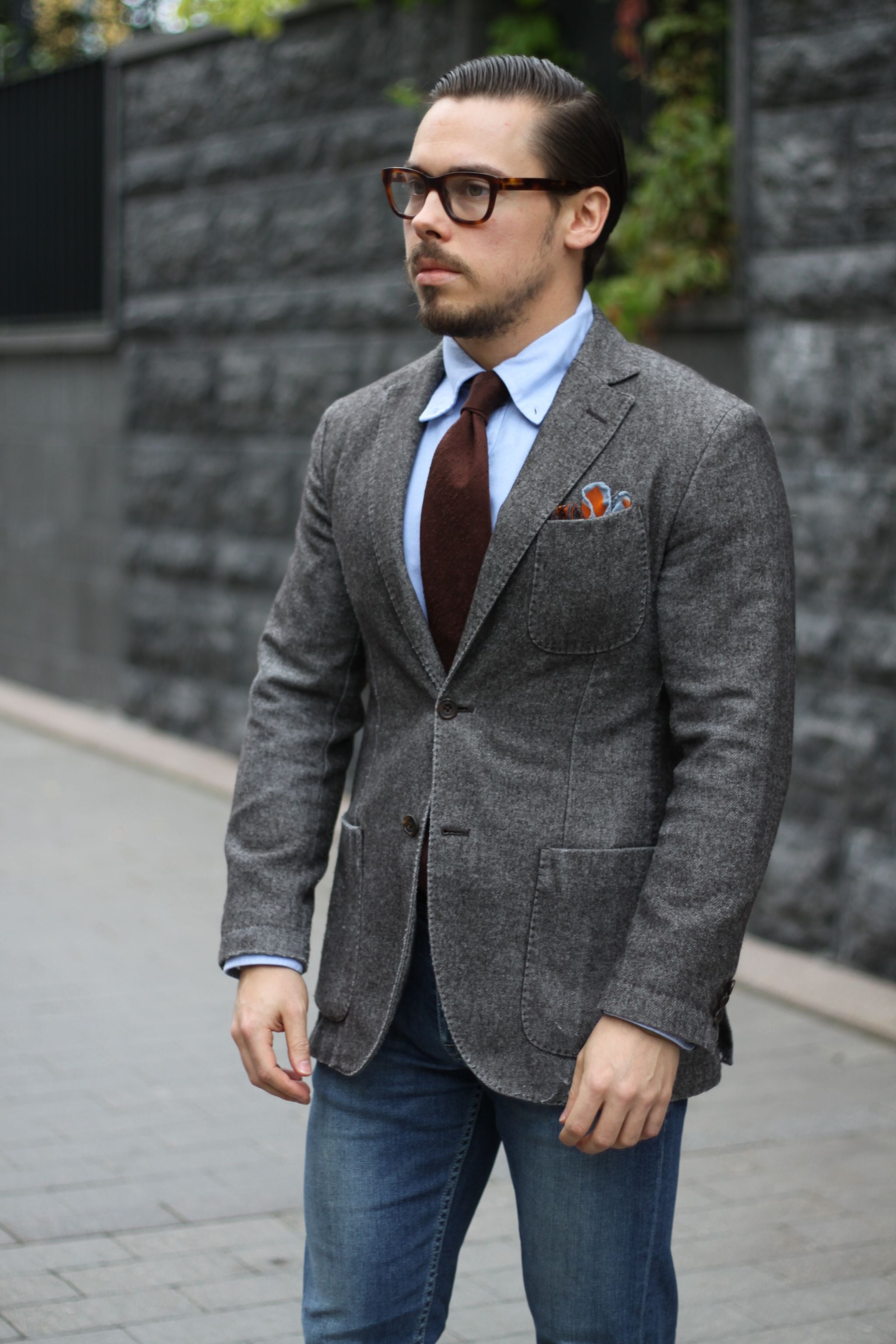 Tie with jeans - Brown shantung silk with denim - DressLikeA.com ...