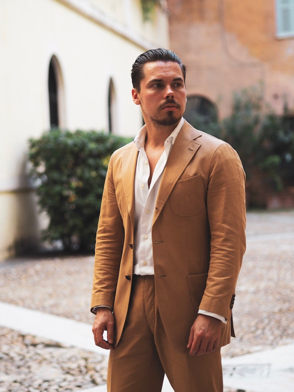 Camel cotton suit and DLA white oxford shirt