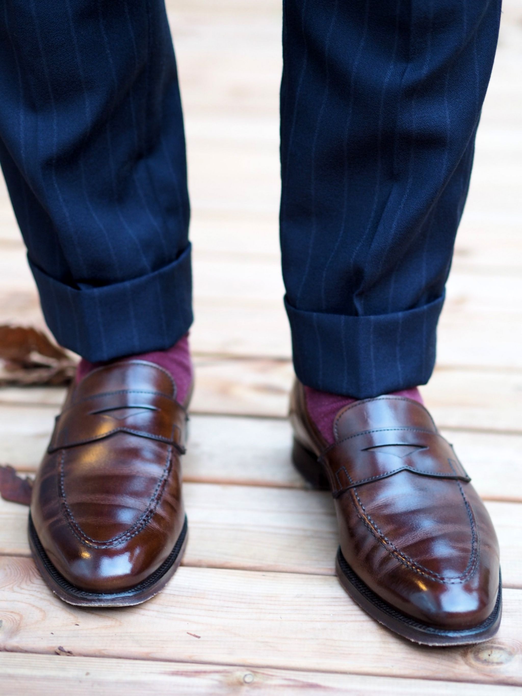 Autumnal business outfits - Crockett&Jones loafers with blue chalk striped suit