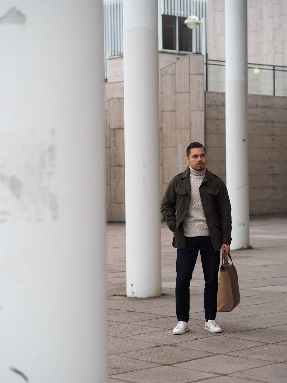 Dark blue denim with field jacket and knitwear