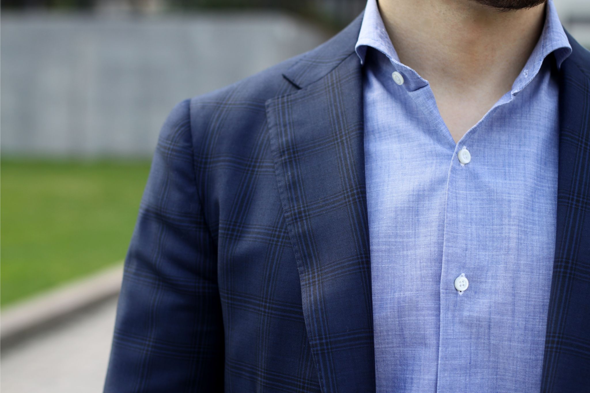 Isaia chambray shirt with blue blazer