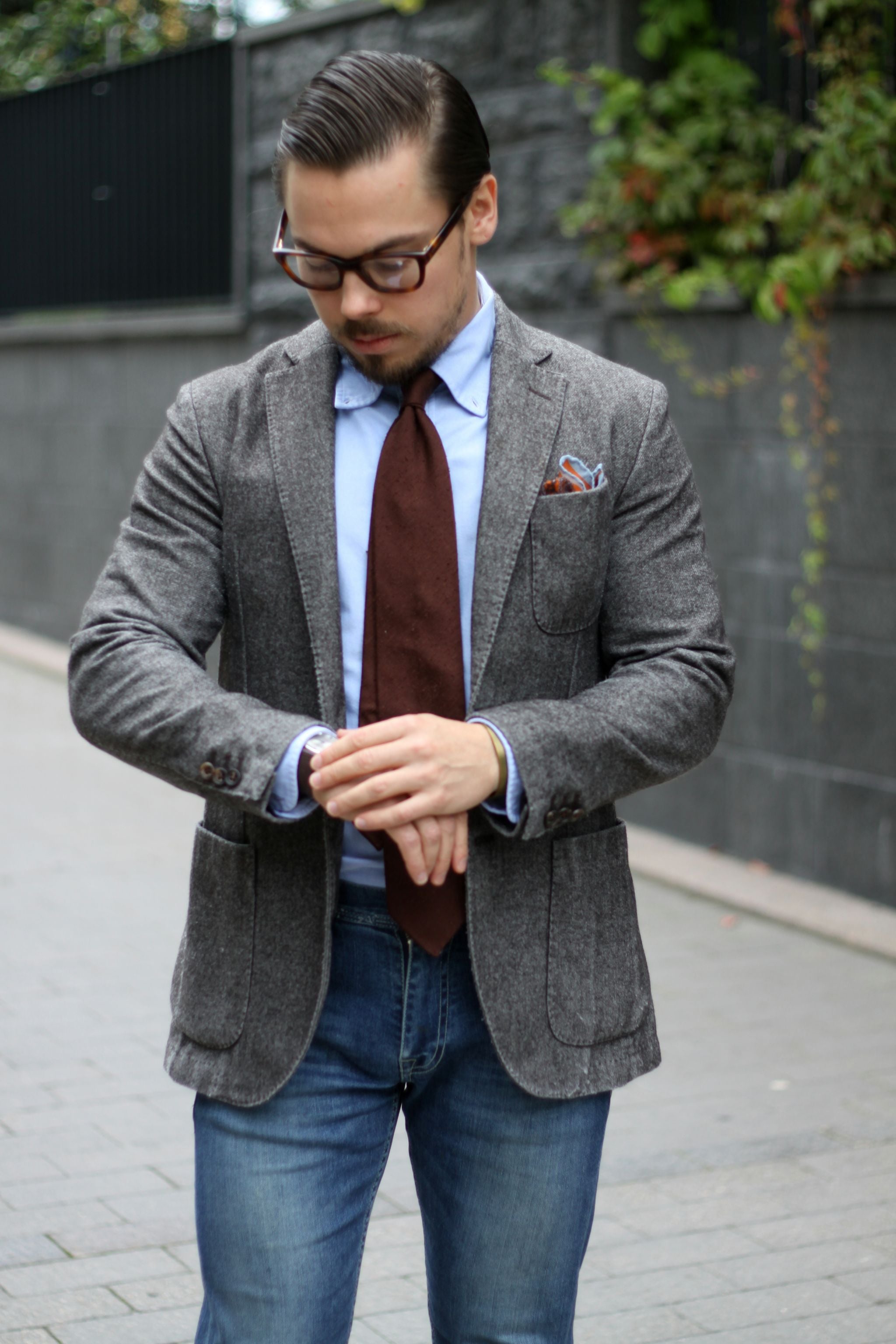 Tie with jeans - Brown shantung silk with denim - DressLikeA.com ...