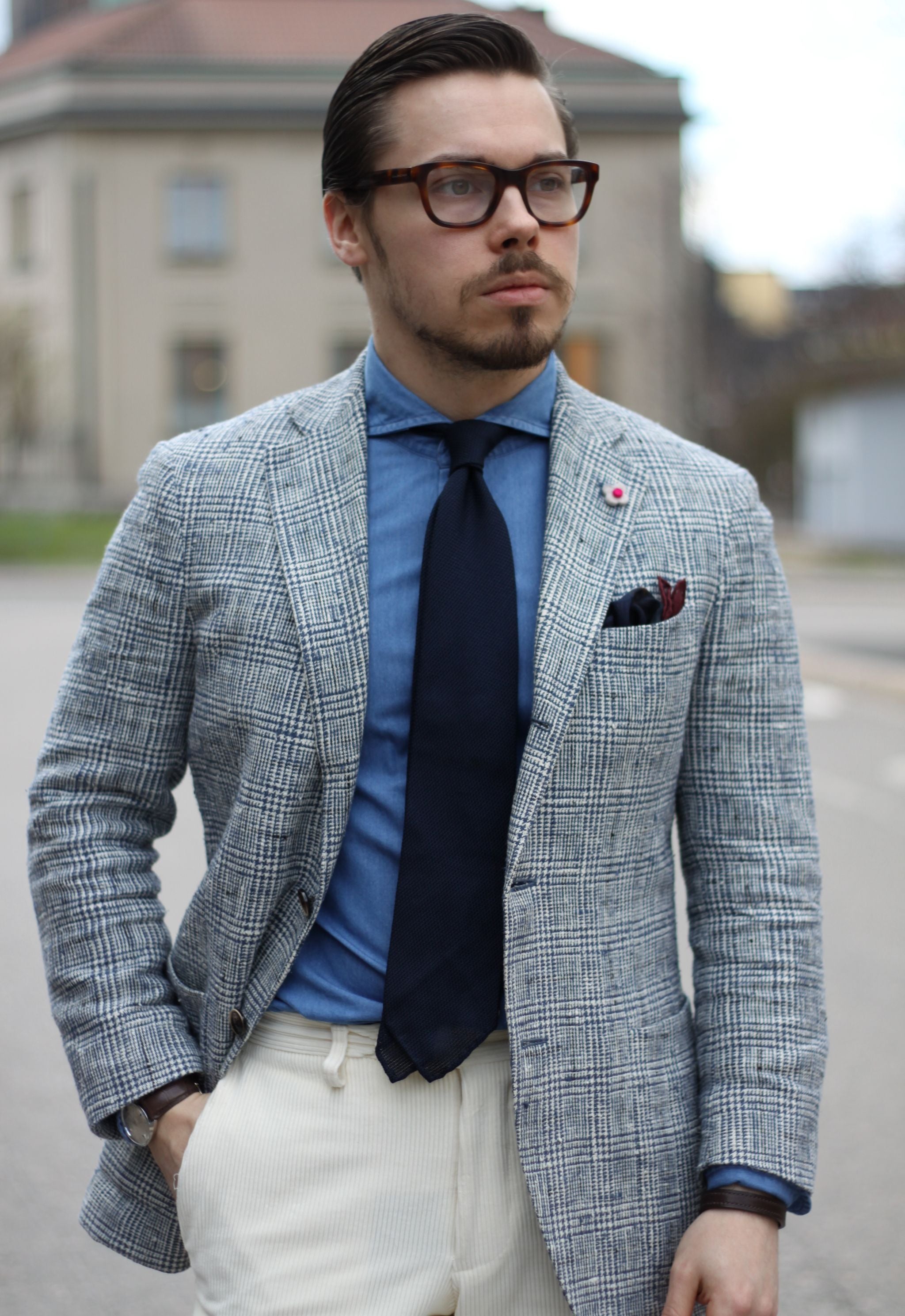 Lardini checked blazer with blue grenadine tie and denim shirt