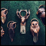 Animal Totem Jewellery by Soto Collective. Barn Owl pendant, Stag Pendant, Eagle Pendant, Raven Pendant and Greenman pendant. All featuring natural crystals