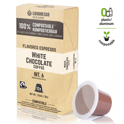 Gourmesso's Eco Line White Chocolate compostable coffee capsules compatible with Nespresso Originalline machines