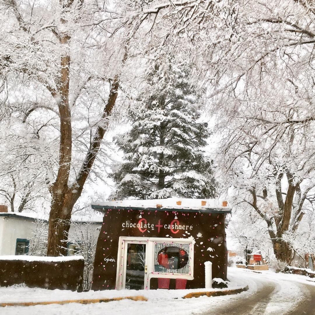 Snowy chocolate + cashmere boutique in Taos, New Mexico 
