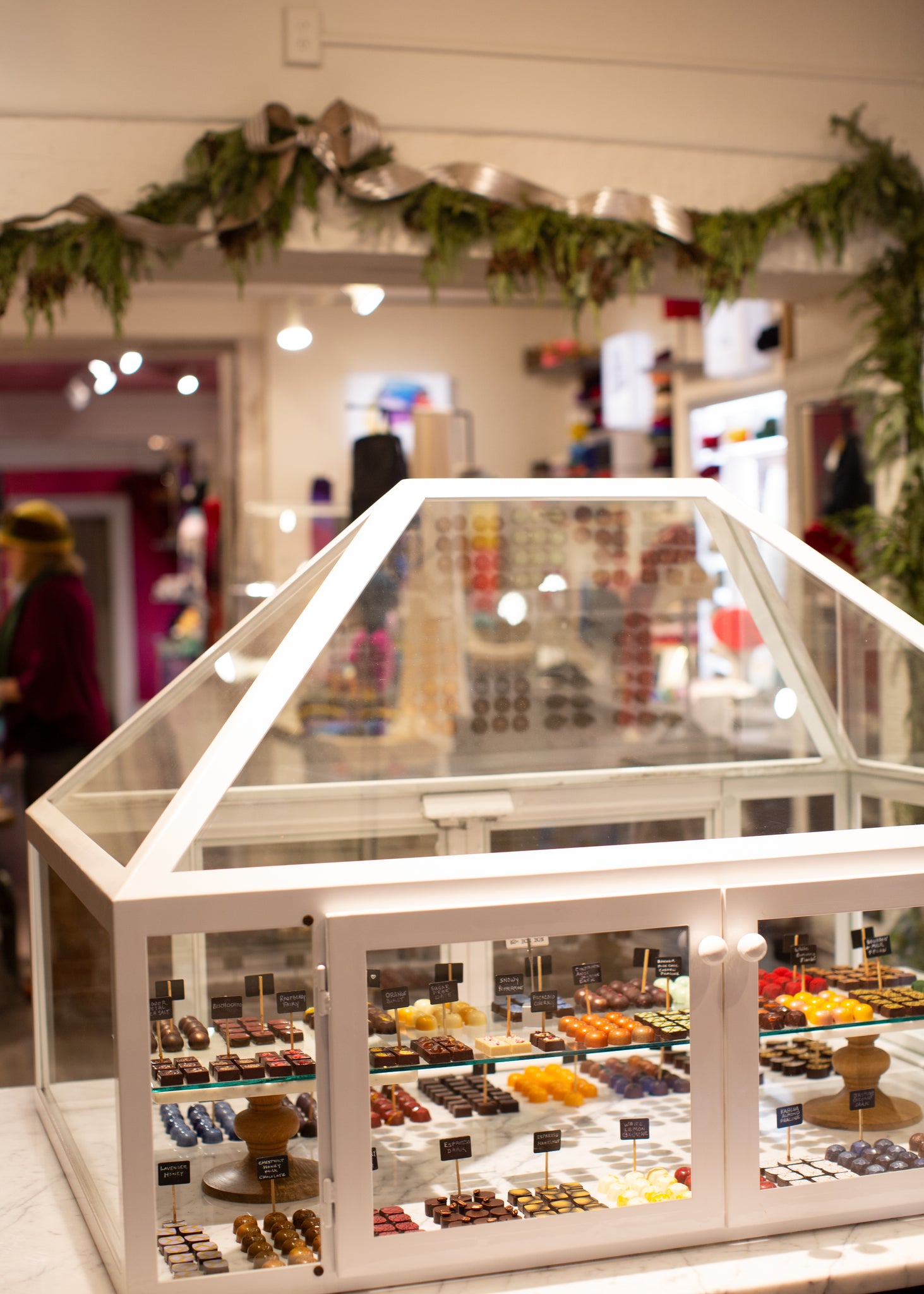 Display of artisan chocolates at chocolate + cashmere in Santa Fe, New Mexico