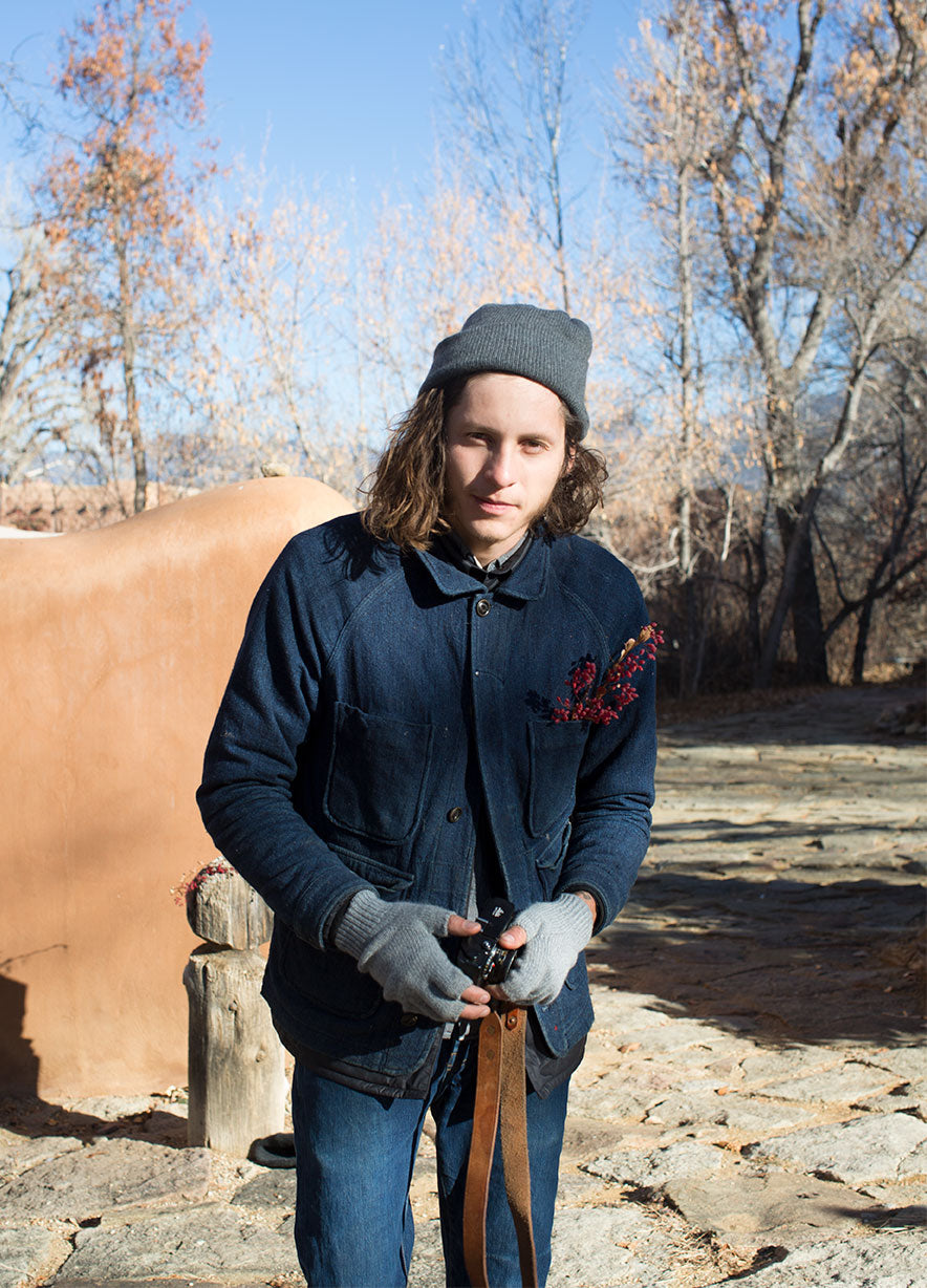 Johnny Ortiz of / Shed at Mabel Dodge Luhan House in Taos with Golightly Cashmere Watchcap and Fingerless Gloves