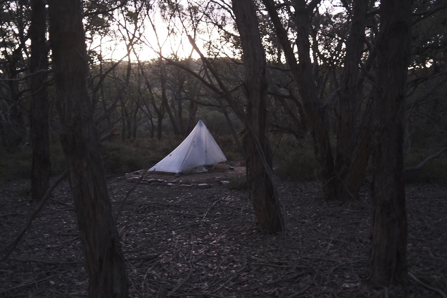 Campsite along the southern parts of the Heysen Trail at sunset with DCF shelter.