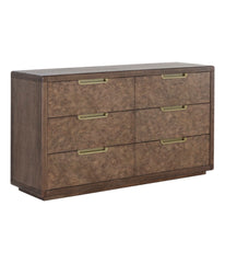 Create a space the exudes retro luxury with this beautiful dresser crafted in Vietnam. Designed with a brown oak veneer wood frame with six contrasting drawers featuring a vivid oak burl veneer wood. Brass stainless steel hardware complete this design.