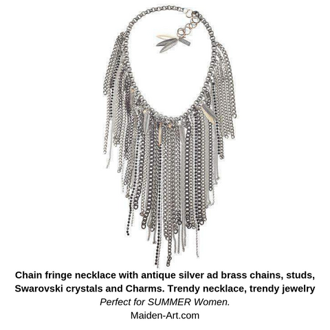 Chain fringe necklace with antique silver ad brass chains, studs, Swarovski crystals and Charms. Trendy necklace, trendy jewelry