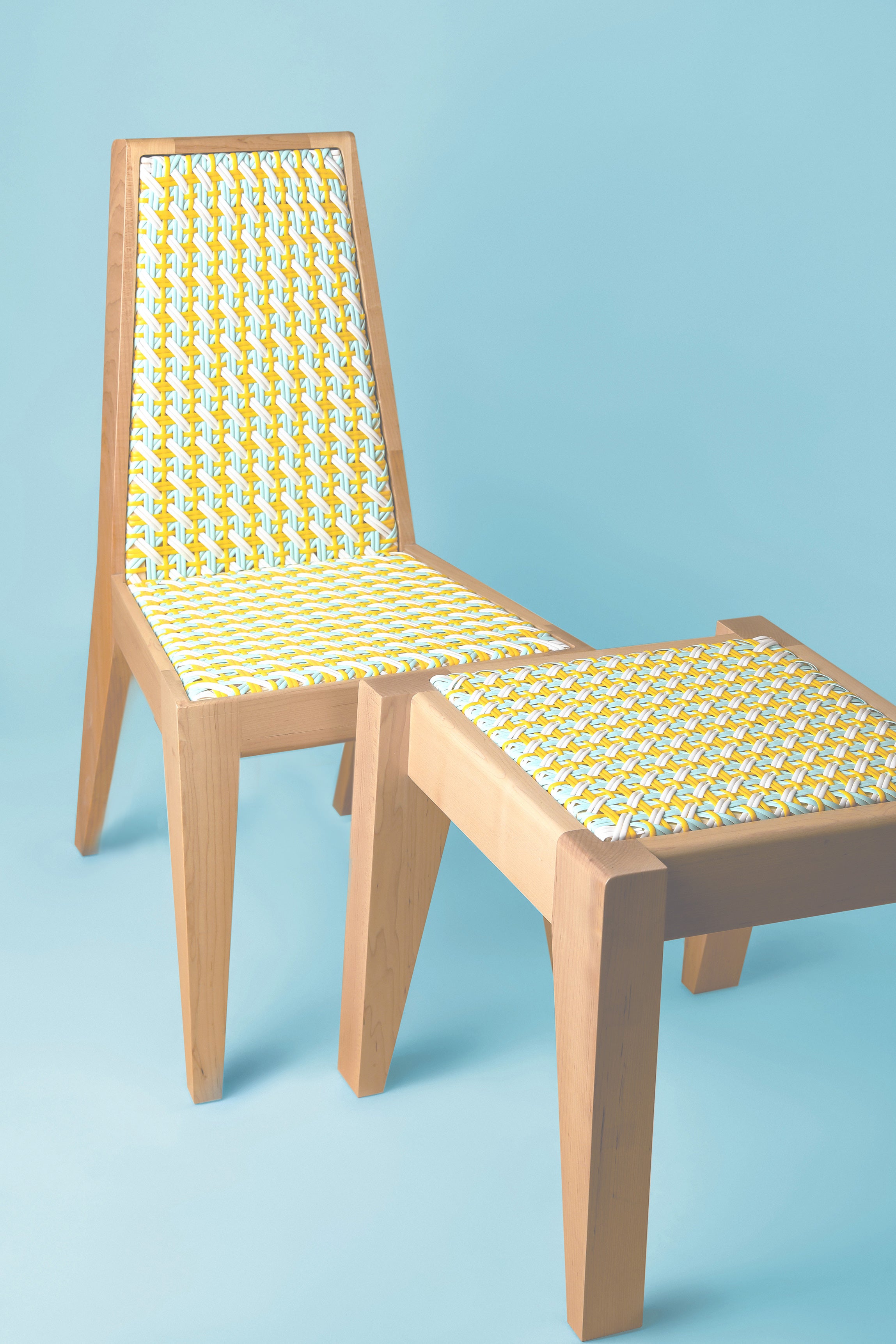 Elias stool and Dina chair from the Beiruti collection of caned timber chairs made in Lebanon designed by Adam Nathaniel Furman