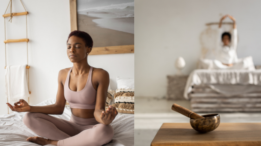 Two women preparing to practice yoga nidra in bed with Nollapelli bedding. Photo by EKATERINA  BOLOVTSOVA: https://www.pexels.com/photo/a-woman-doing-a-yoga-exercise-on-the-bed-7113440/  Photo by EKATERINA  BOLOVTSOVA: https://www.pexels.com/photo/a-singing-bowl-on-the-table-7113302/