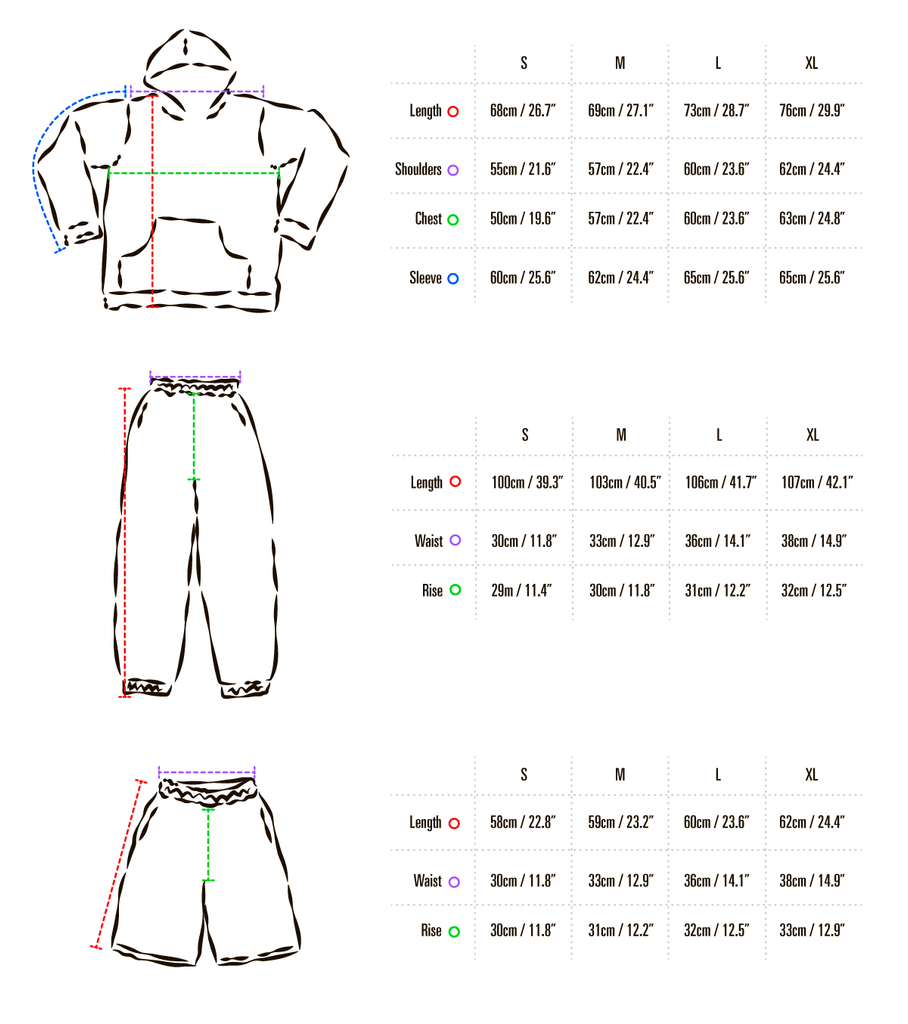 cozy  hoodie, pants and shorts size chart