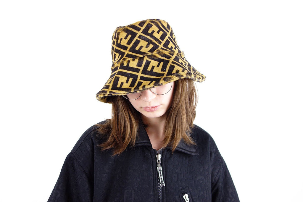 Hand made bucket hat with FF Monogram print, made from Faux Fur Fabric – logofabrics