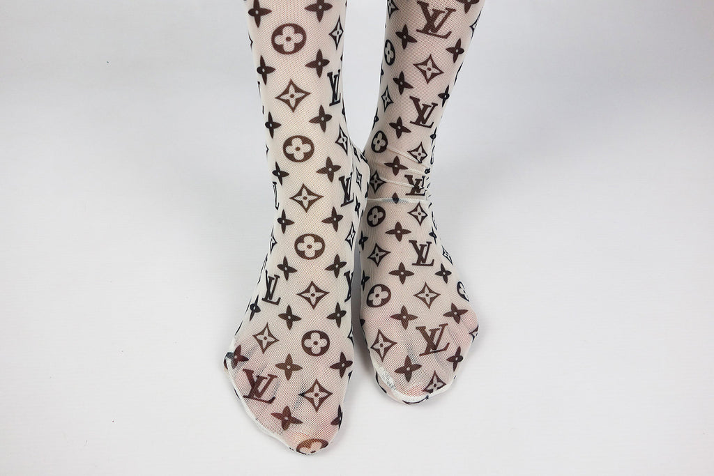 Mesh tights LV Monogram inspired Black and white print – logofabrics