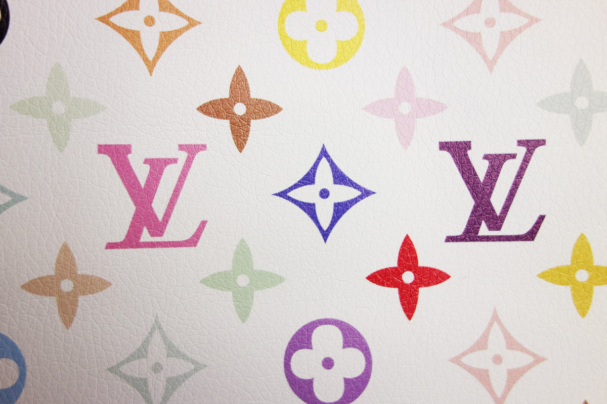 White synthetic leather with multi-color LV monogram print – logofabrics