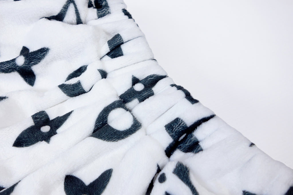 Cozy milky white faux fur Suit with LV Inspired black Monograms, Hoodi – logofabrics