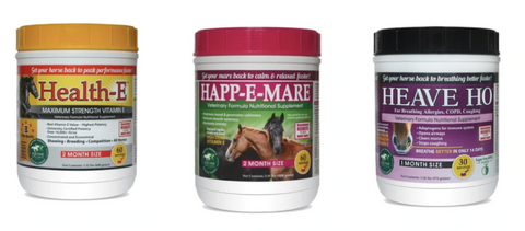 Vitamin E supplement options including Health-E, Happ-E-Mare, and Heave Ho