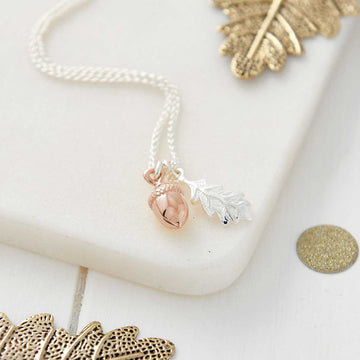 Solid Rose Gold Acorn & Silver Oak Leaf Necklace