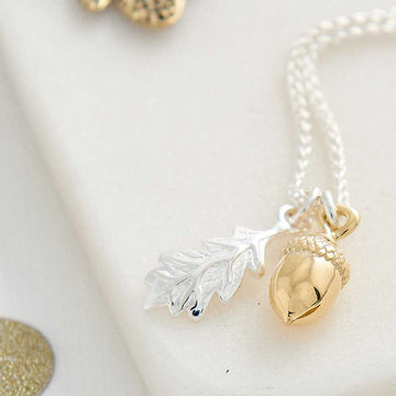 Solid Gold Acorn & Silver Oak Leaf Necklace