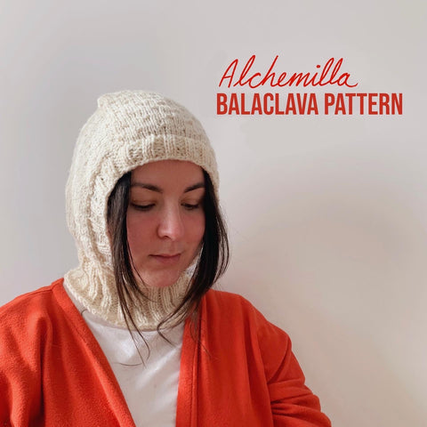 Girl wearing a cream colored balaclava with title "Alchemilla Balaclava Pattern" written on the right