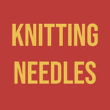 Red square with Knitting needles written in yellow