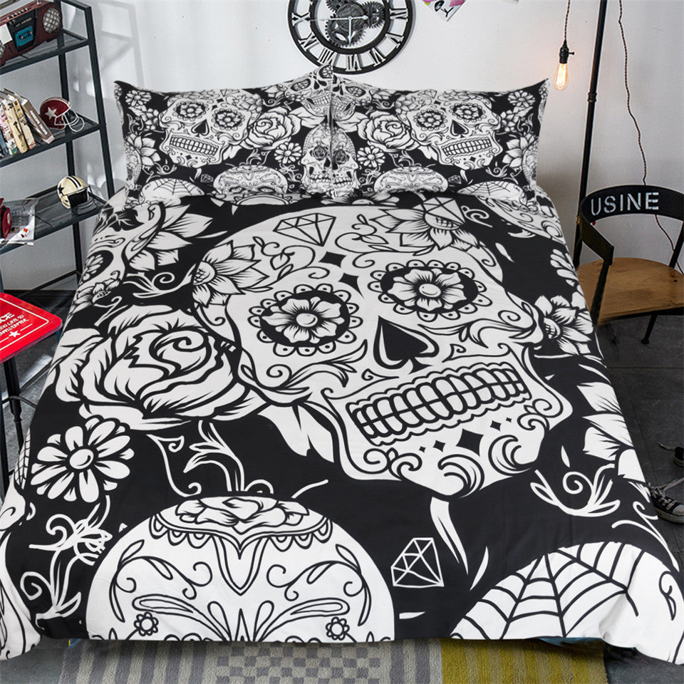 Dia De Los Muertos Black And White Duvet Set