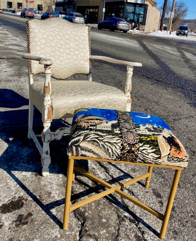 Vintage chair upholstered with stain, quilted star fabric, and bench upholstered with vintage tapestry collage, by A. Buchanan