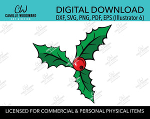 Download Christmas Green Holly Leaves And Red Berry Cartoon Art Svg Digital Camille Woodward Art Design