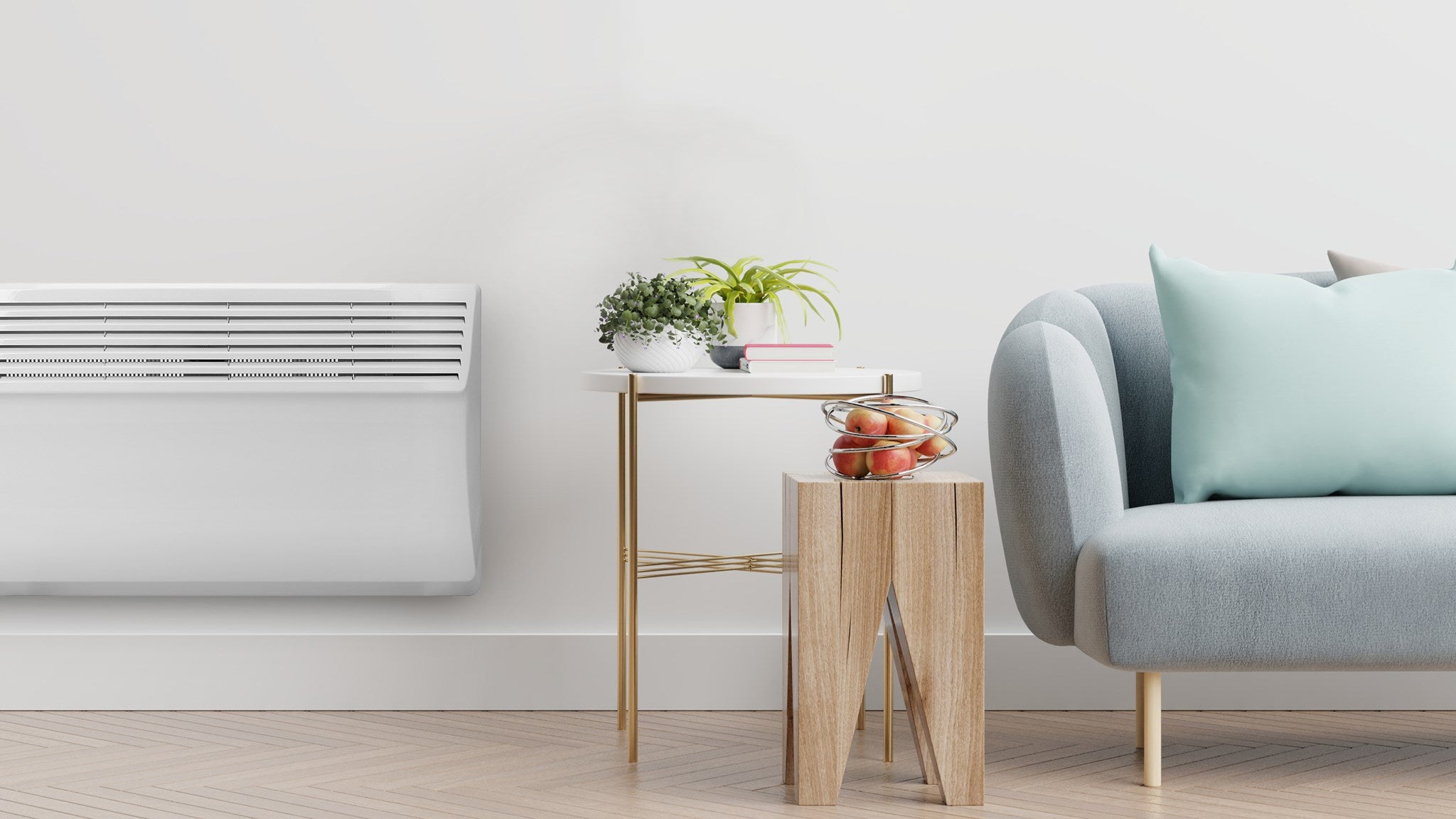 Image of a panel heater, wall mounted in a smart neat living room with a grey sofa 