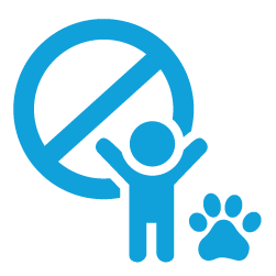 a blue icon of no to pets and kids
