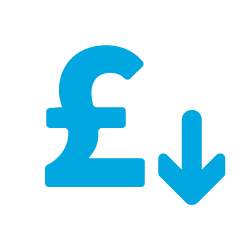 blue icon of a british sterling pound sign with an arrow pointing down next to it