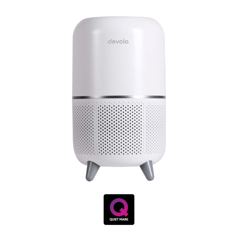 Image of the Devola air purifier with feet, alongside the QuietMark certification logo, on a white background
