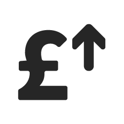 a black icon of the british pound sterling sign with an arrow going up