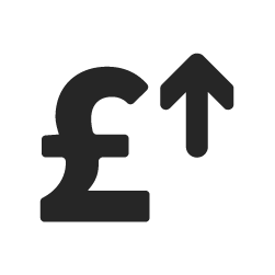 a black icon of a british sterling pound with an arrow up