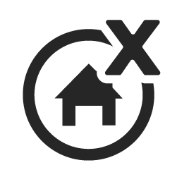 a black icon of a house in a circle with an x on it