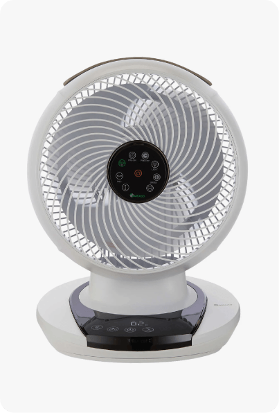 an image of a desk fan on a grey background