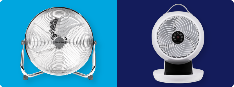 a floor fan and a desk fan next to each other