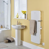 Yellow bathroom with a panel heater being used as a towel rack
