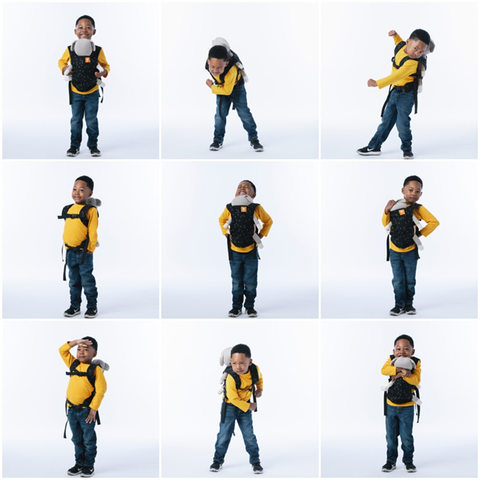 Un niño llevando su Mini portajuguetes Tula en diferentes posiciones.