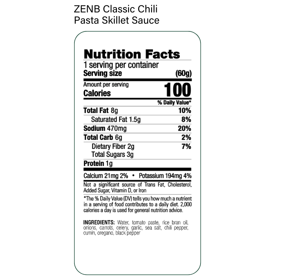 Nutrition Facts label for ZENB Classic Chili Pasta Skillet Sauce