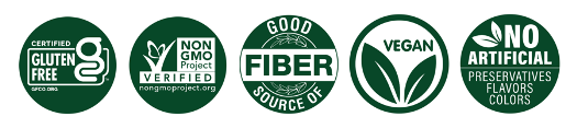 Icons representing certified gluten-Free, verified non-GMO, a good source of fiber, vegan, and no artificial preservatives, flavors, or colors