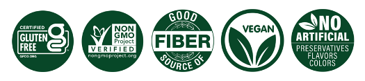 Icons representing certified gluten-free, verified non-GMO, excellent source of fiber, vegan, and no artificial preservatives, flavors, or colors
