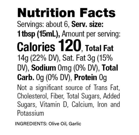 Nutrition Facts label for ZENB Garlicky Final Flair Olive Oil