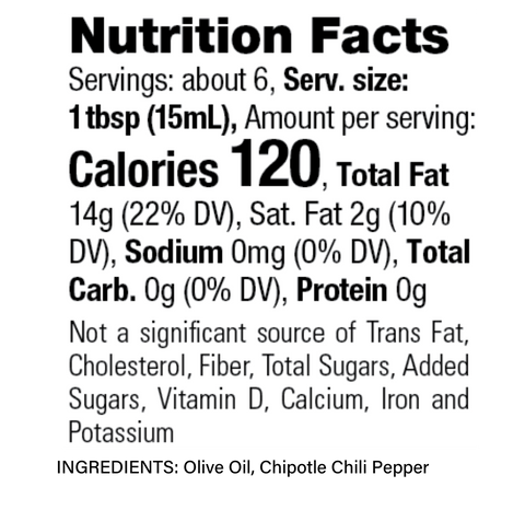 Nutrition Facts label for ZENB Smokey Final Flair Olive Oil