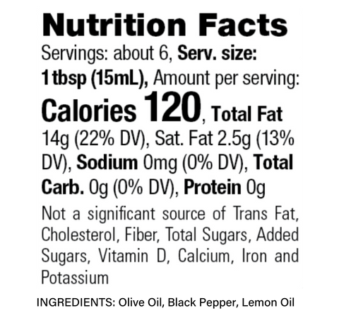 Nutrition Facts label for ZENB Zesty Final Flair Olive Oil