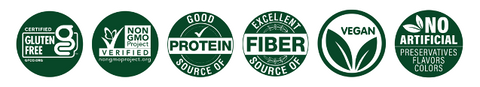 Icons representing certified gluten-free, verified non-GMO, a good source of protein, an excellent source of fiber, vegan, and no artificial preservatives, flavors, or colors